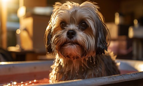 Cute small puppy sitting in water, looking at camera generated by artificial intelligence