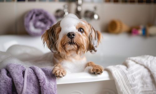 Pampered small dog receiving bubble bath in vintage bathtub filled with lavender scented water surrounded by fluffy towels and bath toys